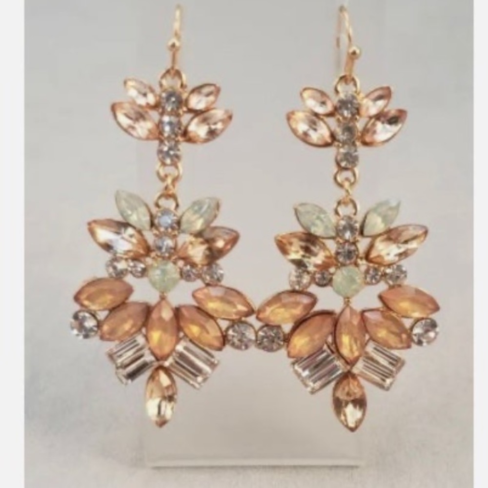 Large Peach Color Faux Crystal Gold Tone Statement Dressy Long Pierced Earrings